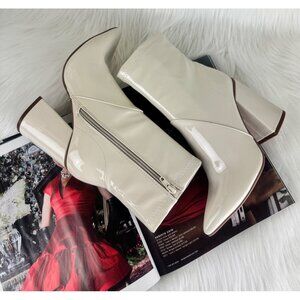 Women's Qupid Faux Patent Leather Maelie Pointed Toe Ankle Bootie Winter White